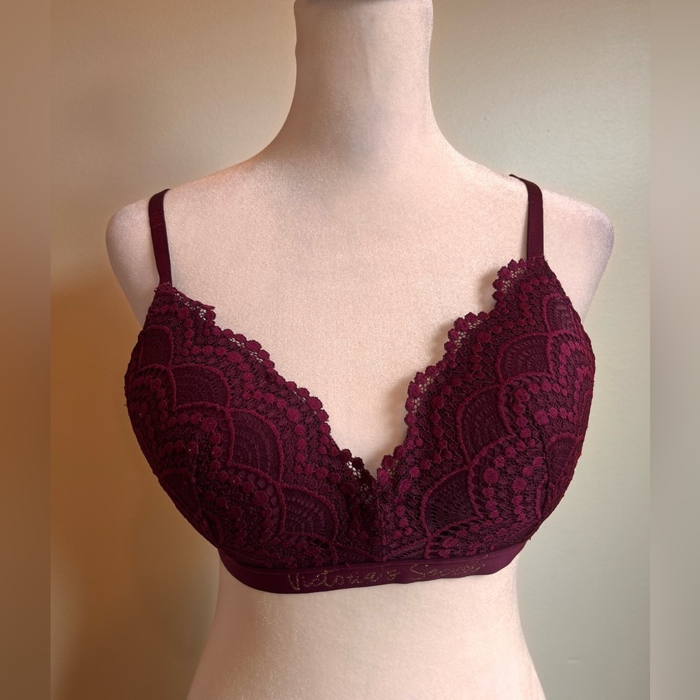 Victorias Secret Lined No Wire Lace Purple Maroon Bra Pink Sz 34C Padded Womens